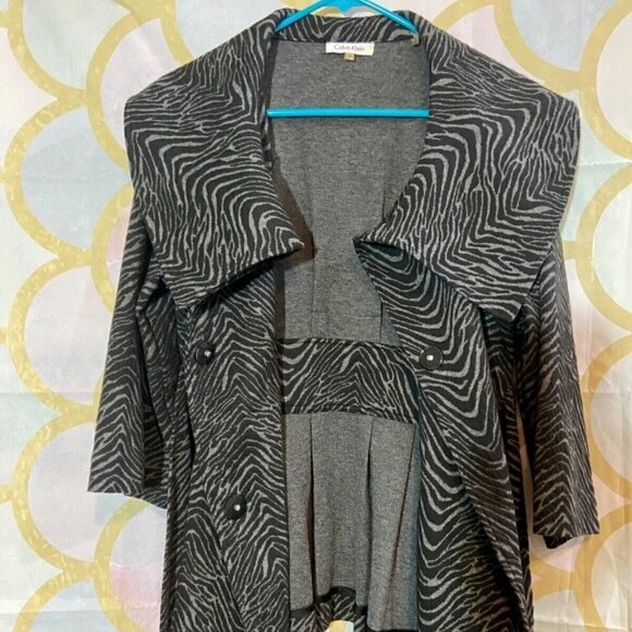 Calvin Klein Wool Jacket Women's Small Gray Zebra Stripe Button Up Belted Coat - Picture 12 of 12